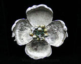 Bold Silver Flower Pin - 1960s - Poppy - Floral Brooch - Silvertone Metal - Rhinestone Stamens - Four Petals - Faux Pearls - 42489