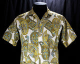 Men's Large Paisley Shirt - 1950s Novelty Print Mens Shirt - Hawaii Style Lounge Wear - Tiki Feathers Cotton - Khaki Beige & Blue - Chest 46