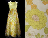 Size 6 Garden Party Dress - 60s Yellow Floral Empire Gown with Hippie Era Flower Print - Sleeveless Ruffle Neckline & Raised Waist - Bust 34