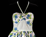 Size 4 Sun Dress - 1950s Halter Cotton Dress - Sweet 50s Blue & Green Sweet Pea Floral Pique - Full Skirt - Spring Summer - Waist 27.5