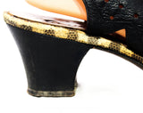 Size 8 1930s Shoe - As Is 30s 40s Black Leather with Deco Cutout Dots & Zig Zag - Lace Up with Faux Snake Tassels - 8AAA Narrow Peep Toe