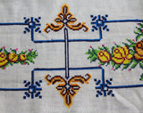 Magnificent Linen Tablecloth & Eight Matching Napkins - 1930s 40s Formal Dinner Embroidered Linens - Roses in Baskets Flourish Cross Stitch