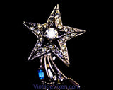 Shooting Star Brooch - 1950s Starburst Comet Pin with Rhinestones - Silvertone Metal Elegant 50s 60s Accent - Red Yellow Green Blue Clear