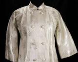 Size 14 Brocade Coat - White and Metallic Silver 1960s Coat - 60s Audrey Chic Formal Ankle Length Evening Jacket - Double Breasted - Bust 46