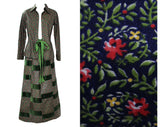 Size 6 Forest Green Dress Set - Autumn 1970s Tailored Shirt & Maxi Skirt - 2-Pc Folkloric Floral and Velveteen Dress - Mr Hank - Bust 34
