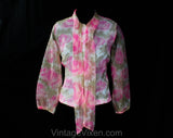Size 10 Pink Roses Floral Blouse - 1960s Tailored Shirt with Pussycat Bow - Long Sleeved 60s Office Top - Sheer Pink & White Voile - Bust 38