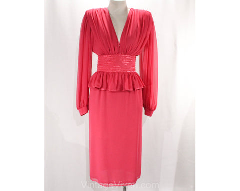 Size 0 Pink Cocktail Dress - Fabulous Designer Wayne Clark XXS 1980s Dress - Bishop Sleeves - Rich Gathers & Sumptuous Silk Satin - Bust 32