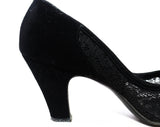 Size 5.5 1940s Black Suede Shoes with Seductive Sheer Lace Panels - Sexy 40s Open Toe Heels - Post WWII Era 40's Pumps - 5 1/2 A Narrow