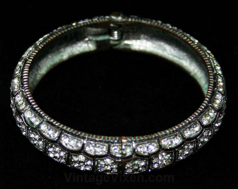 Glam Rhinestone Bangle Bracelet - 1930s Style Jewelry - Sophisticated Glamour - Movie Star Look - Pave Set Rhinestones & Silver Tone Metal