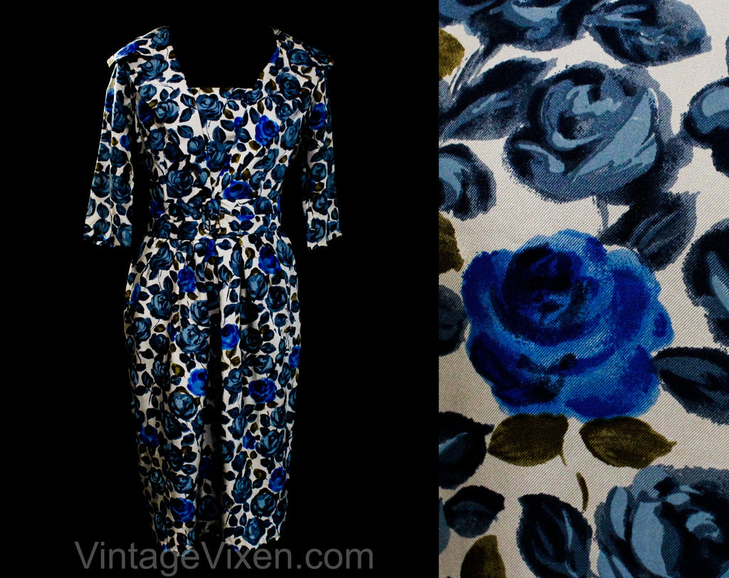 Size 10 Roses Silk Dress - Medium 1950s Cocktail Dress by Luisa Spagnoli - Blue Gray White - 50s Haute Quality Italian Deadstock - Waist 28