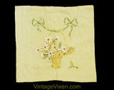 Antique Daisy Textile - Art Nouveau 1900s Edwardian Bride's Basket in Hand Embroidery - Garland Ribbon Bows - Neutral Ecru White Blue Green