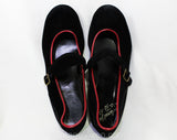 Size 4.5 1940s Black Mary Jane Shoes - Velvety with Red Piping & Buckle Strap - Bobby Soxer Swing Girl Low Heel - 40s 50s Deadstock - 4 1/2