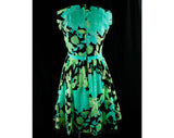 Size 8 Turquoise 1960s Cocktail Dress - Aqua Blue & Mint Green Floral - 60s Party Frock - Velvet Ribbon - Full Skirt - Bust 35 - 35007