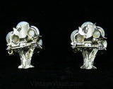 60s Flower Basket Scatter Pins - 1960s Mother of Pearl Baskets - Pair of Two Petite Pins - Identical Shell & Silvertone Metal - Mint - 42528