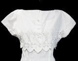 XXS 1950s White Dress - Size 0 Summer Bombshell Nip Waist Sun Dress & Cropped Jacket - 50s Pin Up Girl - Cotton Eyelet Embroidery - Waist 24