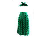 Size 6 Green Polka Dot Skirt - Emerald Jade & Black Silky Crepe - Matching Sash Scarf - 1980s Spring Pleated Pretty Office Wear - Waist 26