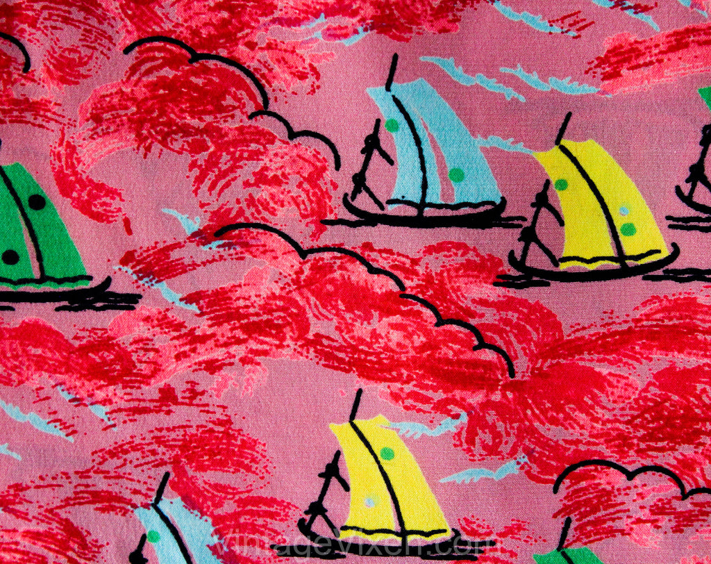 1940s Silk Fabric - 4 Yards Pink Sailboats 40s Novelty Print from Italy - Deadstock Dress Shop Yardage - Salmon Blue Yellow Green Fine Crepe