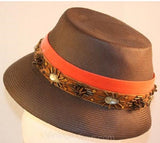60s Style Cocoa Straw Hat with Pumpkin Velvet & Beadwork - Sophisticated - Orange and Brown Fall Hat with Starbursts - Close Fit - 32353-1