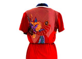 Size 6 Asian Rayon Print Dress - 1940s Inspired Red Floral Summer Faux Wrap Frock - 70s 80s Retro Short Sleeve with Border Print - Bust 33.5