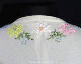 Size 12 Cardigan - Large 1960s White Sweater with Pastel Ribbon Embroidery - Spring 60s Pink Yellow Blue Flowers & French Knots - Bust 39