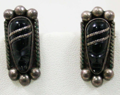 40s Warrior Earrings - Sterling Silver & Black Stones - Hecho En Mexico - 1940s Artisan Made Hand Carved Fierce Faces - Signed NF - 42579