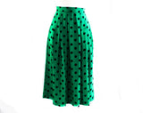 Size 6 Green Polka Dot Skirt - Emerald Jade & Black Silky Crepe - Matching Sash Scarf - 1980s Spring Pleated Pretty Office Wear - Waist 26