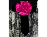 Size 6 Party Dress - 1950s 60s Black Crepe Bodice & Gray Roses Bouffant Skirt- Fuchsia Rose Accent with Black Velvet Bow - Waist 25.5