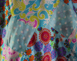 Size 10 Hippie Chic Dress Set - 1960s Sky Blue Polka Dot & Patchwork Preppie Floral - Fine Silk 2-Pc Dress - 60s 70s Midge Grant ShirtDress