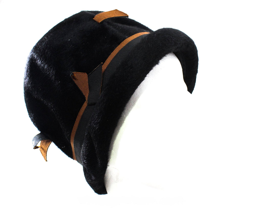 Schiaparelli 1960s Hat - Velvety Black Napped Felt with Mocha Brown Ribbon - 60s Bowl Shaped Mod Millinery - Two Tone Chic - Fall Autumn