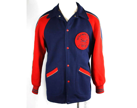 Men's Large Letter Jacket - ca. 1961 Baseball Sports Jacket by 'League Master' - 1960s Athletics Natick High School - Red & Blue - Chest 44