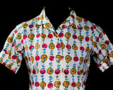 Size 12 Girl's 1960s Shirt - Pop Floral Cotton Poplin - Pink Blue Olive Green & Orange Circle Flowers - Early 60s Top - Preteen - Bust 32