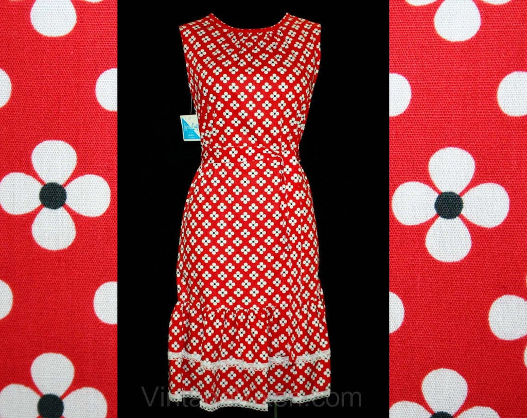 Size 4 Sun Dress - Cute Red Daisy Print 60s Dress - Summer 1960s Floral Cotton - Ruffle Hem - Bust 34 - Deadstock - Mint Condition - 41832-2