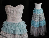 Size 8 1950s Prom Dress - Lilac Lace & Blue Organza Strapless Formal - 50s Debutante Evening Gown - Mid Century Femme - Bust 35 - 48608