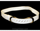 1960s White Vinyl Belt with Metal Bow Buckle - Medium Large Mod 60s Belt with Dot Perforations - Burnished Brassy Hardware - Waist 28 to 32