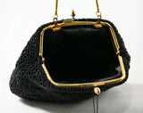 Black Caviar Beaded Evening Bag by Delill - 1960s Formal Purse - Round Handbag - Original 60s Tag & Box - NWT - Hand Beading - 43357