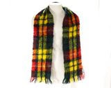 Plaid Mohair Scarf - 1950s 60s Red Green & Yellow Tartan Artisan Style Woven Wrap - Rectangular Fuzzy Lofty Wool with Fringe - Fall Winter