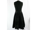 Size 8 1950s Dress - Victorian-esque 50s Black Sun Dress - Fitted Bodice - Tiered Full Skirt - Black Cotton - Summer - Waist 26.5 - 42945