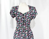 Size 8 1990's Dress - Romantic 1940s Style Floral Full Skirted Dress with Black Rose Buttons - Lavender Turquoise Chartreuse - Waist to 28