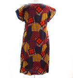 Size XL 60s Dress - Red Patchwork Print Cotton House Dress - Size 16 Summer Zip Front 1960s Sheath - Blue Brown Yellow Plaid - Bust 42.5