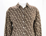 Size 14 Silk Shirt - 90s Brown Natives Primitive Crepe Top - 1990s Button Front Office Blouse - New York Label - Abstract Print - Bust to 44