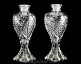 Matched Pair Art Deco Style Perfume Bottles - Clear Pressed Glass Starburst Sunburst Design - 1940s 50s Glam Boudoir Vanity - Two Containers