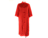 Size 10 Asian Red Robe - 1950s Rayon Brocade Lounge House Coat - Mandarin Collar - Size Medium Chinese Jacket with Pockets - Bust 38 - 50863