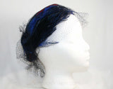 1940s Hat - Scarlet Red Felt - Sapphire Blue Feathers - Veiling - Elegant - Dramatic 41312
