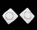 1920s Tea for Two - Hand Embroidered Tea Caddy Place Mat & Two Teacup Saucer Squares - Pink Daisies and Black Embroidery Polka Dots on Linen