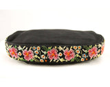 Sweet 1950s Evening Purse - Black Crepe Clutch Bag with Embroidered Pink Floral Panel - 40s 50s Envelope Formal Handbag with Rhinestones