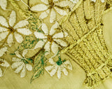 Antique Daisy Textile - Art Nouveau 1900s Edwardian Bride's Basket in Hand Embroidery - Garland Ribbon Bows - Neutral Ecru White Blue Green