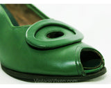 Size 6 1940s Green Shoes - Art Deco Style Open Toe Leather Pumps - 30s 40s Jungle Snake Hue Heels with Ovals - WWII Era 40's NOS Deadstock