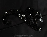 Size 6 Black Satin 50s Party Dress - Small 1950s Cocktail with Sequin Flourishes - Fitted Bodice Square Neckline Full Skirt - Waist 25.5