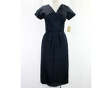 Size 4 1950s Hourglass Dress - Navy Blue Silk - 50s Wiggle Dress - Impeccable Condition - Deadstock - New With Tag - Waist 24.5 - 41751