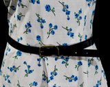 Size 8 1950s Sun Dress - Fresh White Roses Print Cotton 50s Summer Frock - Blue Green Black - Sleeveless Fit & Flare with Belt - Waist 26.5